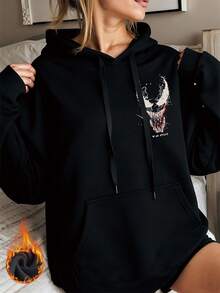 Marvel Damskie bluzki bawełniane, bluzki w stylu ulicznym z fajnym wzorem jadowitego zwierzęcia, czarne bluzy damskie z obniżonymi ramionami, grube, ciepłe, luźne bluzy z kapturem na jesień i zimę, odpowiednie na zimną pogodę - Czarne - Zobacz 2