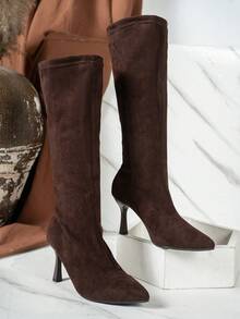 Giày bốt cao gót mũi nhọn mùa thu mới cho nữ có khóa kéo bên hông và khóa cài trang trí - Cà phê nâu - Xem 6