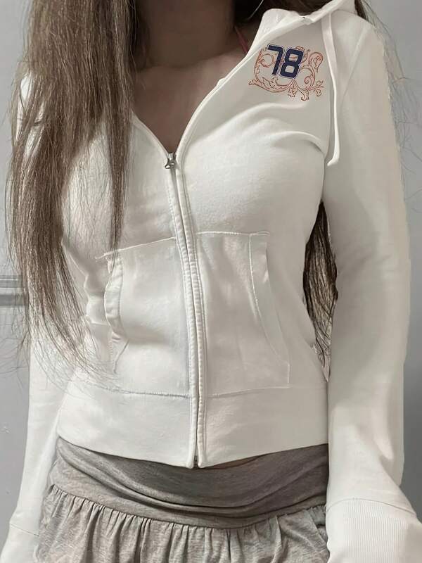 Damen modischer lässiger Slim-Fit Y2K-Stil modischer numerischer Muster Sweatshirt