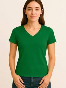 Women's Basic Short Sleeve V-Neck Blouse - Green - View 2