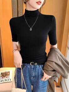 Women's High Stretch Cotton Rib Knit T-Shirt, Turtleneck, Regular Three-Quarter Length Sleeves, Comfortable Regular Fit Top - 黑色 - 查看 2