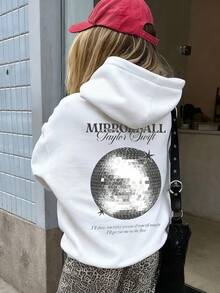 1件女士白色抽绳连帽卫衣，带口袋，镜面球英文印花，休闲宽松街头风 - 白色 - 查看 10