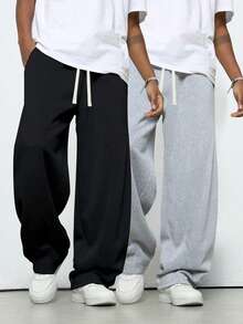 Men's Loose And Fashionable Sporty Long Pants, Featuring A Casual And Simple Solid Color Wide-Leg Design, With Drawstring At The Waist And Large Pockets, Suitable For Daily Strolls, Work, Travel, Etc