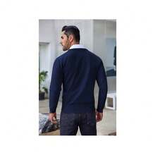 Men's Crew Neck Sweater Slim Fit Lightweight Sweatshirts Knitted Pullover For Casual Or Dressy Wear - 深藍色 - 查看 3