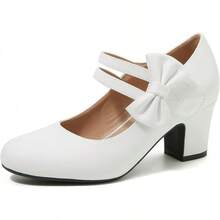 Enelauge Women's Mary Jane Heels With Bow Retro Closed Round Toe Pumps Sweet Ankle Strap Low Block Heels Chic Bowtie Vintage Dress Wedding Party Office Daily ShoesChristmas - 白色 - 查看 12