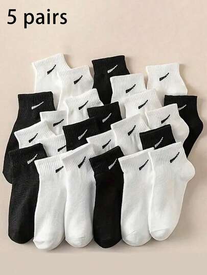 5 Pairs Unisex Black & White Short Socks, Fashion Versatile Couple Socks, Suitable For All Seasons, Casual & Sports