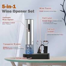 Wine Opener, 6 - In - 1 Rechargeable Wine Bottle Opener Set Includes Automatic Corkscrew Wine Opener, Foil Cutter, Vacuum Wine Stopper, Etc. Wine Lovers Silver - Hoạt động bằng pin - Xem 4