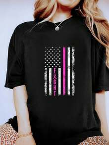 Fight Breast Survivor American Flag Breast Cancer Awareness T-Shirt For Women Kids Men - Women's Clothing Printed Graphic Tee For T-Shirt Lovers For All Seasons - Black - View 1