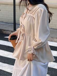 1pc Women Versatile Non-Skin-Tone Essential Item, Tie-Up Design Loose Shirt - Apricot - View 4