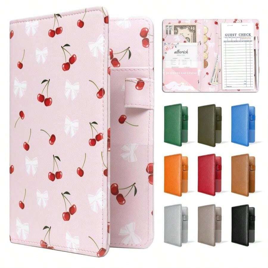 Mymazn Server Books For Waitress Book Waiter Book, Serving Book With Money Pockets, Cute Waitress Accessories Fits Server Apron, Pink Cherry - Grey - View 1
