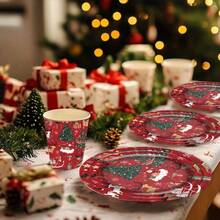 130pcs Red Christmas Disposable Tableware Set, Including 30 Paper Cups, 30 7-Inch Paper Plates, 30 9-Inch Paper Plates And 40 Paper Napkins, Perfect For Camping, Patio Barbecues, Picnics,Weddings,Christmas, Parties And Birthdays, Suitable For Party Decorations, Home Decorations, Birthday Decorations, Birthday Party Decorations,