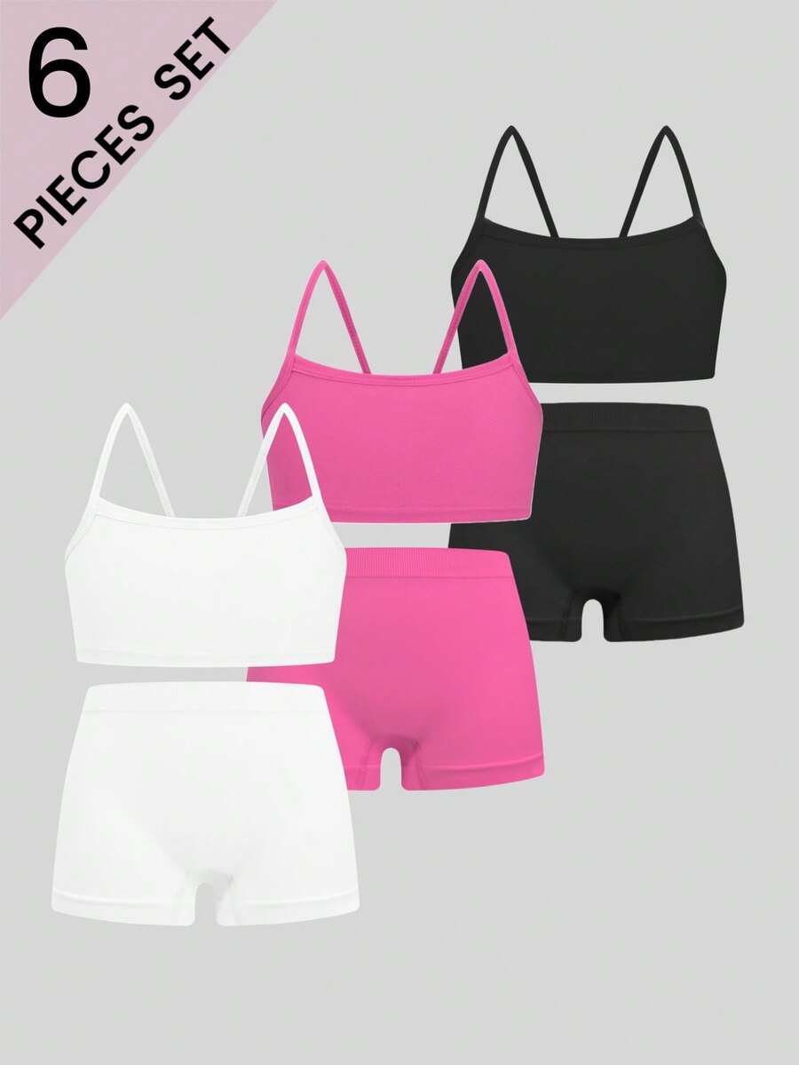 6件装女童休闲时尚吊带背心文胸和简约无缝舒适内裤套装
