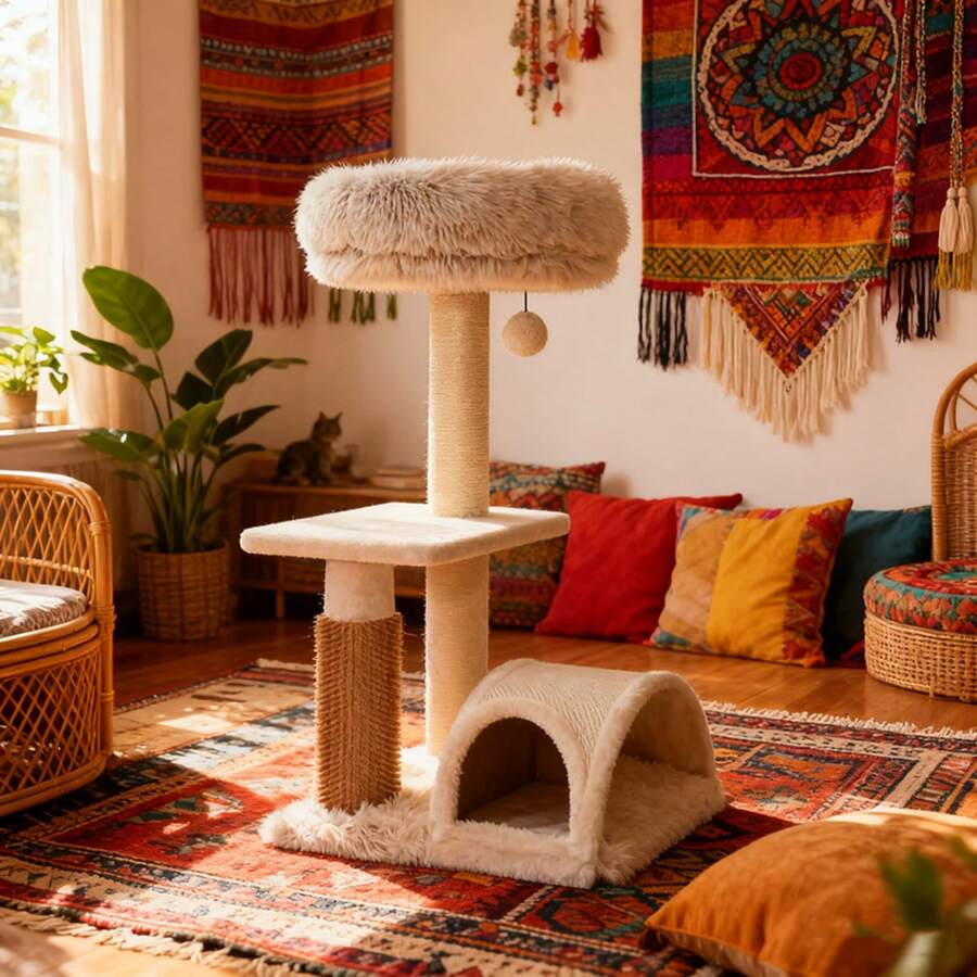 Three-Tier Cream-Colored Cat Tree, Approximately 27.8 Inches High. Includes Arched Scratching Post And Full Grooming Accessories. Integrated Scratching And Grooming Function - 預設 - 查看 1