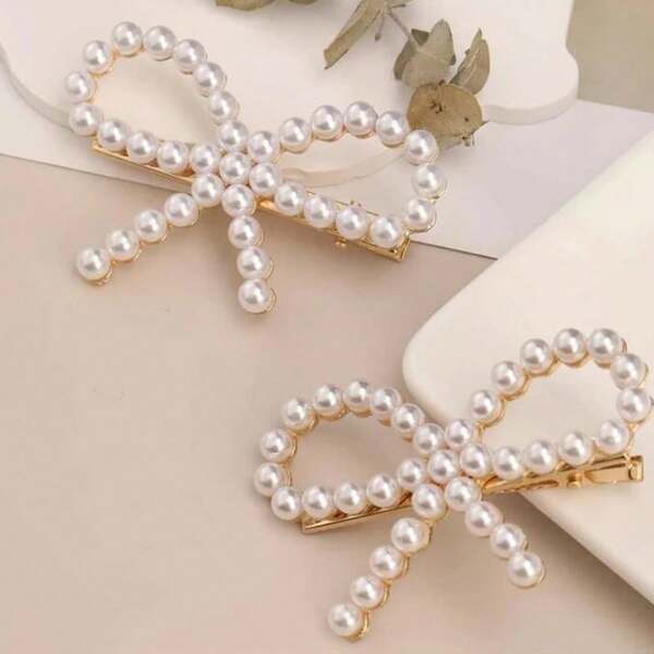 2pcs Fashion Side Faux Pearl Bow Clip Elegant Versatile Hair Accessories, Cute Accessories, Claw Clips