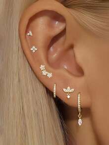 6 件套花朵吊坠环星形耳钉可堆叠耳环，适合女士，休闲锆石，18K 镀金耳环堆叠防过敏轻质度假派对珠宝配饰，适合女士女孩 - Gold-5# - 查看 1