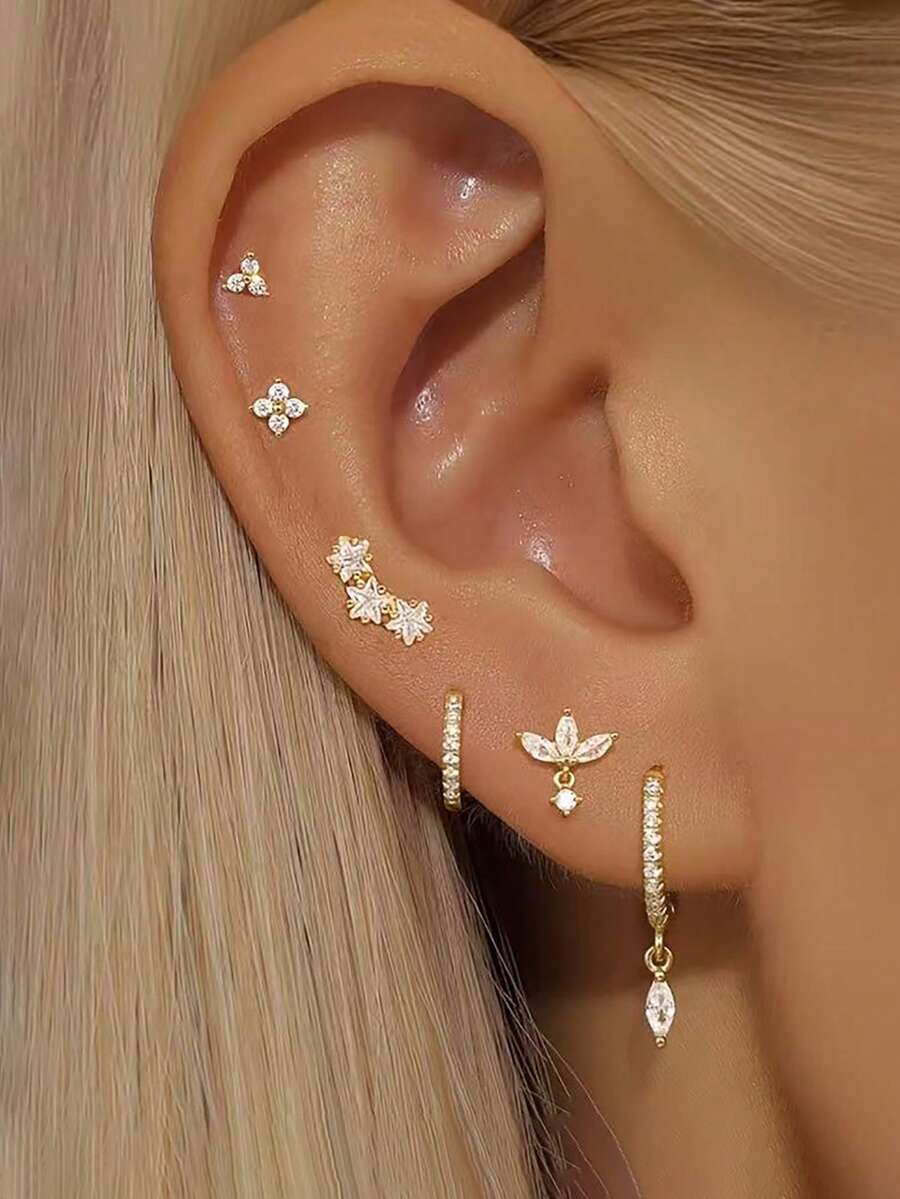 6 件套花朵吊坠环星形耳钉可堆叠耳环，适合女士，休闲锆石，18K 镀金耳环堆叠防过敏轻质度假派对珠宝配饰，适合女士女孩 - Gold-5# - 查看 1