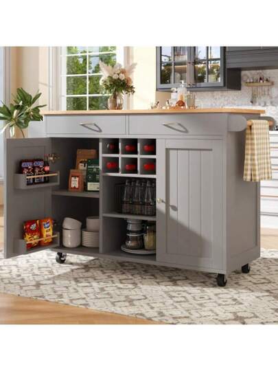 Moderne Kitchen Isl (102*45*92cm), Cabinet, Buffet Dining Cart Wood Grain, Multifunctional Tafel Storage Space, Grijs view 3