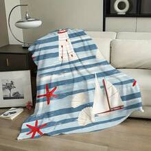 Nautische Seestern-, Segelboot- und Leuchtturm-gestreifte Flanelldecke – ultraweich, gemütliche Decke für Bett, Sofa, Stuhl, Camping, Büro & Geschenke – vielseitige Ganzjahresdecke mit nautischem Thema, nautische Wohnkultur |   Maritimes Design |   Weiche Textur, Stranddecke