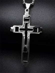 1 Stück klassische große Edelstahl Herren Halskette mit Kreuzanhänger, Cut Out Kreuzanhänger, religiöser Gebets-Kirchen-Jesus Amulett Schmuckgeschenk