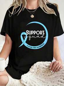 Foster Care Awareness Blue Ribbon Support Squad T-Shirt -100% Cotton Print Crew Neck T-Shirt, Casual Short Sleeve Top For Spring & Summer, Women's Clothing - Black - View 1
