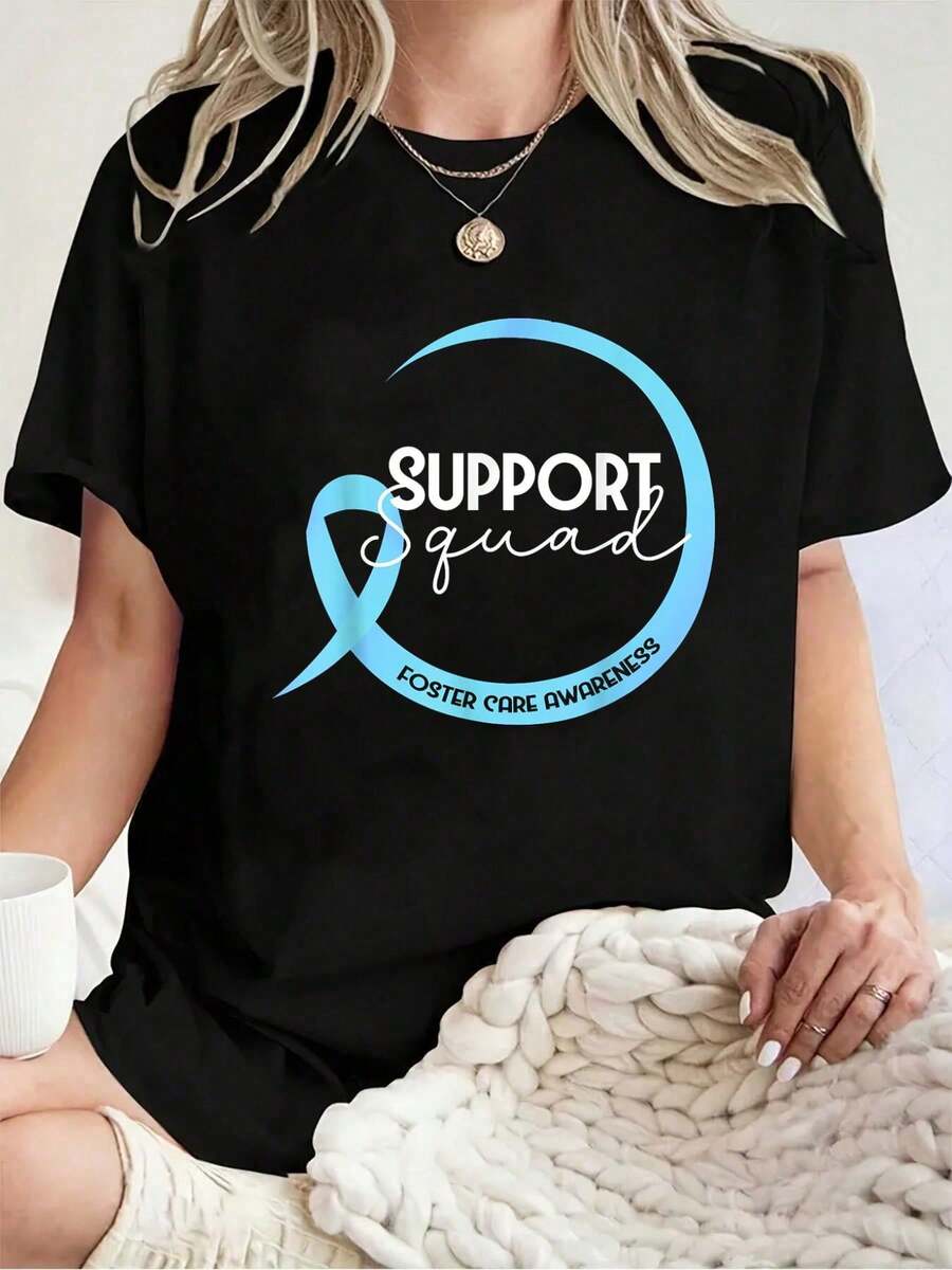 Foster Care Awareness Blue Ribbon Support Squad T-Shirt -100% Cotton Print Crew Neck T-Shirt, Casual Short Sleeve Top For Spring & Summer, Women's Clothing - Black - View 1