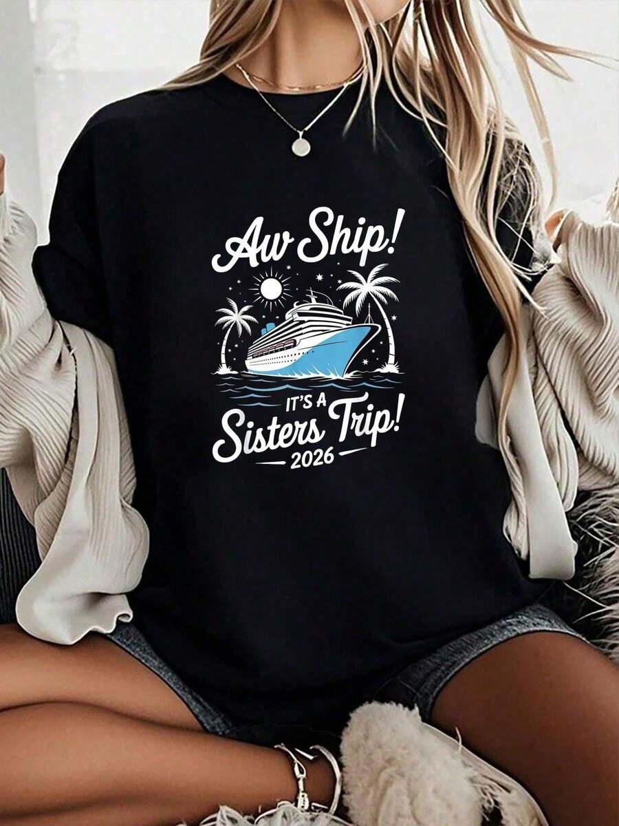Sisters Cruise Trip 2026 Vacation Trip Matching Women T-Shirt - 100%  Short-Sleeved Crew Neck Casual Top, Suitable For All Seasons, Women's Wear - 黑色 - 查看 1