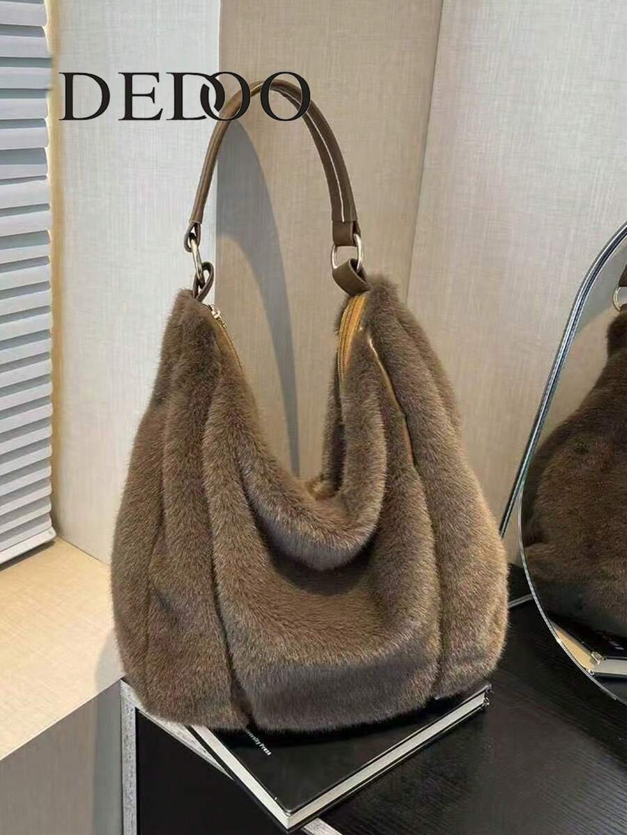 Dedoo Bolsa de ombro feminina de pelúcia macia, elegante e de grande capacidade, com zíper, para outono e inverno, para trabalhadores de colarinho branco, perfeita para faculdade, trabalho, negócios, deslocamento, atividades ao ar livre, viagens, passeios, escritório, perfeita para trabalho, compras, para participar de jantares, eventos de moda e dar presentes a amigos - Multicolorido - Ver 1