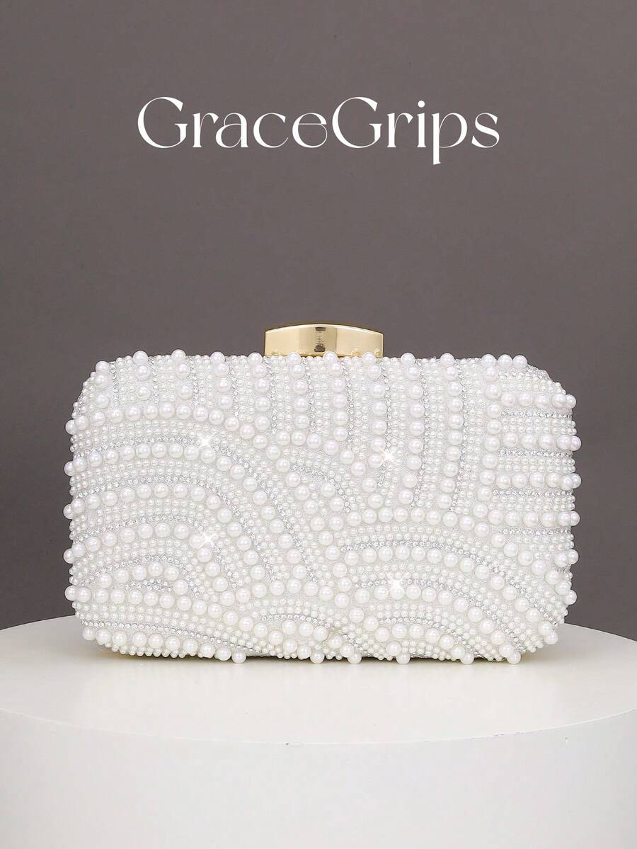 Túi cầm tay hình hộp họa tiết ngọc trai thanh lịch dành cho nữ, túi xách dạ hội, túi xách cưới lãng mạn, túi đựng váy dạ hội quyến rũ/tinh tế, ví hình hộp màu trắng sáng bóng, kèm dây đeo kim loại, lý tưởng làm quà tặng ngày lễ