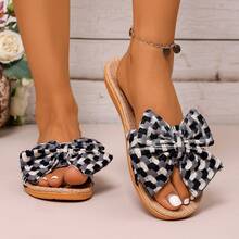 Novos chinelos femininos de tecido de linho, chinelos antiderrapantes com sola macia para ambientes internos, decoração com laço de praia