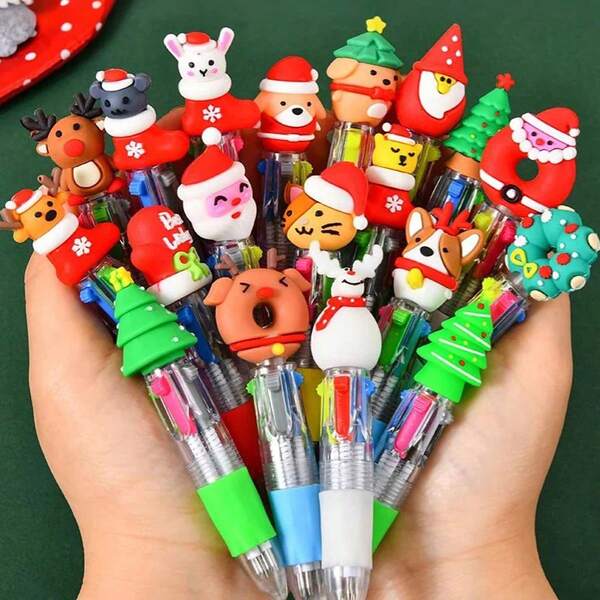 1/5/10/20PCS Christmas Multicolor Ballpoint Pens 4 Colors In 1, Retractable 0.7mm Cartoon Cute Fun Pens For Santa Snowman Writing Pens For Holiday Party SchoolSupplies StudentsReward