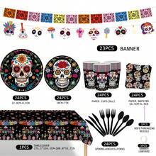 170pcs Day Of The Dead Party Supplies, Dia De Los Muertos Decorations, Disposable Paper Tableware Set, Birthday Decorations, For Themed Party, Birthday Gift, Party Favor, Party Tableware, Disposable Food Tray, Birthday Cake Tray, Skull Party Plates Napkins Cups Knives Forks Spoons Party Decoration For Mexican Fiesta Halloween Birthday Party - 骷髏 - 查看 5
