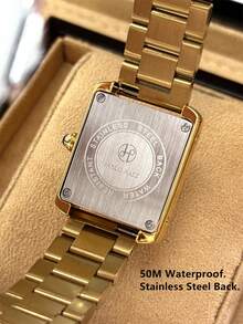 Pablo Raez 1 件 18K 金女士手表不锈钢夏季配饰复古手表银饰不褪色原创迷人顶级品质女士钟表奢华正装手表 IPS 电镀优雅全新矩形华丽设计石英表时尚白色表盘高品质女士流行方形手表 - 金色 - 查看 9