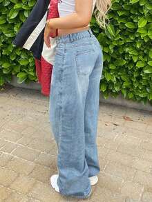 女式休闲水洗直筒低腰宽松破洞牛仔裤 - 淺色水洗藍 - 查看 2