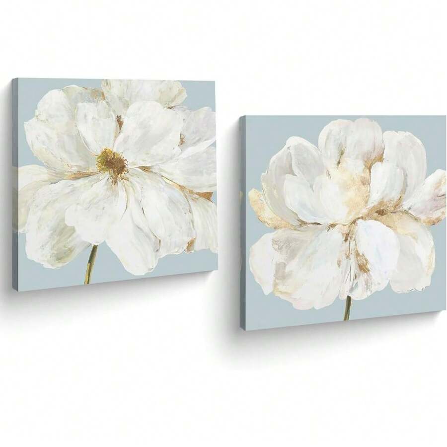 ARTE CUBIKO Set 2 cuadros decorativos flores peonias blanco oro canvas montados en bastidor listos para colgar - 1 - Ver 1