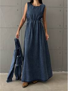 2pcs/Set Solid Color Sleeveless Dress And Front Button Long Sleeve Denim Jacket - Dark Wash - View 1