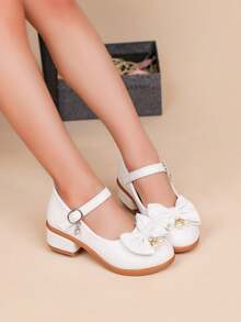 女童时尚优雅蝴蝶结高跟鞋，适合春秋季儿童舞蹈派对礼服鞋，适合幼儿、小女孩和大女孩，可用于正式场合、演出、芭蕾舞、公主鞋，并饰有珍珠。 - 白色 - 查看 2