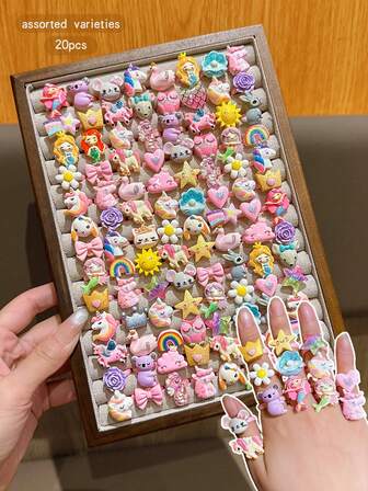 20pcs Assorted Cartoon Style Adjustable Rings, Fashionable & Cute Jewelry Accessories