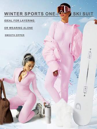 女士舒适粉色万圣节主题连体保暖长袖连体服，适合秋冬季户外运动，如徒步、滑雪、跑步