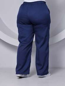 PLUS SIZE WIDE LEG HIGH WAIST PANTS WITH CARGO POCKET - Màu xanh hải quân - Xem 3