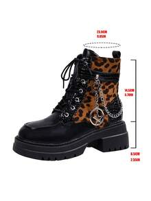 Women's Winter New Solid Color Patchwork Lace-Up Butterfly Metal Chain Side Zipper Thick Heel Ankle Boots, Punk Style Fashion Versatile Casual High Heel Booties