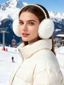 1个女士冬季毛绒耳罩，仿珍珠耳罩，派对头饰，日常时尚耳罩，户外保暖耳罩 白色耳罩 - 彩色 - 查看 3