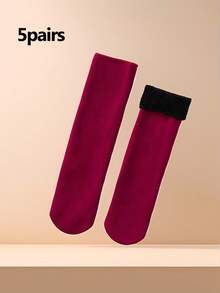 "5 Pairs Of Thick, Cozy Knitted Winter Socks - Mid-Calf, Snow-Resistant With Plush Lining For Men And Women"