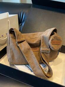 1pc, Versatile Fashion, Niche Design, Shoulder Messenger Bag, Solid Corduroy Fabric Labeling With Hanging Small Bag Decoration, Adjustable Shoulder Strap, Multi-Color Optional Square Bag, Suitable For Ladies' Daily Commuting And Shopping Occasions.