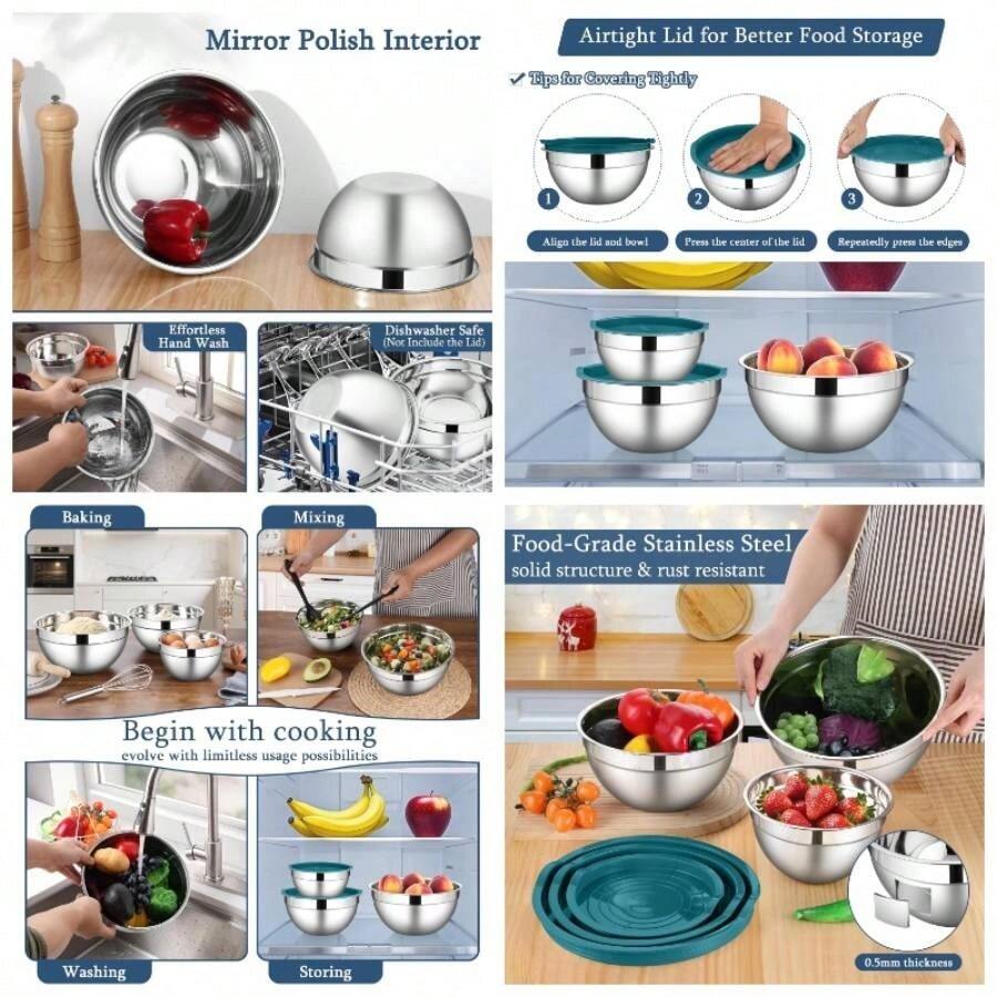 Juego de cuencos para mezclar con tapas hermticas, de acero inoxidable, juego de 3 cuencos de cocina de metal, aptos para lavaplatos y congelador, 1.5 cuartos de galn y 2.6 cuartos de galn y - Azul - Ver 1