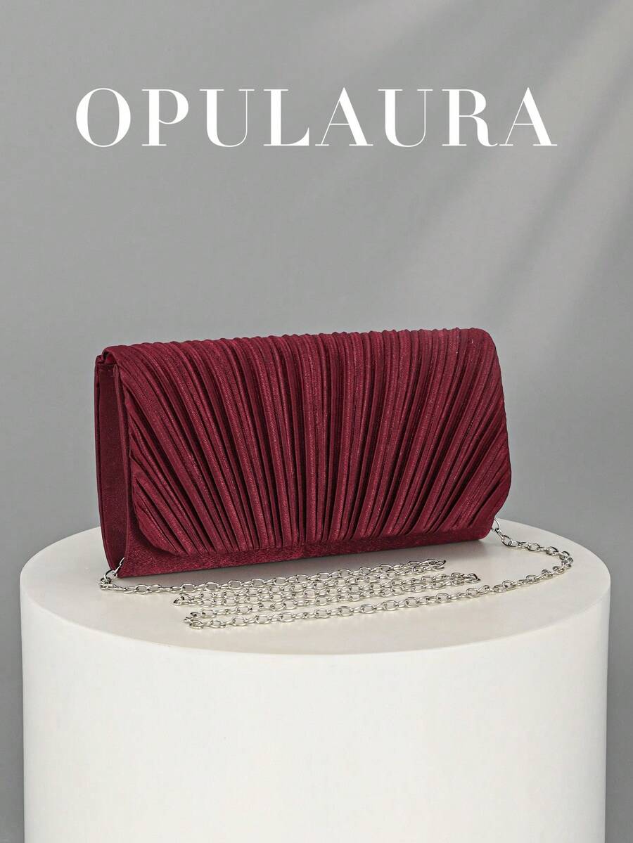 OpulAura 闪亮金属翻盖手拿包，奢华皮革晚宴包，闪亮正式手拿包，适合晚会、派对、婚礼、生日 - 适合正式礼服、伴娘、生日礼物 - 酒紅色 - 查看 1