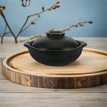 Ceramic Casserole Pot 900ml Round Clay Soup Pot With Lid And Double Handle Rice Noodles Baking Stewpot Dishes Bakeware For Home And Stovetop - Black - View 2