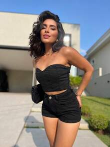 Women's Mom Jean Shorts High Waist Comfortable Premium Quality Elegant Casual - Preto - Xem 4