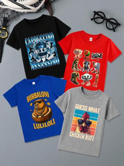 Shendy Vendy Conjunto de 4 piezas de camisetas de manga corta para niño joven con impresión de Brainrot y letras Camisetas 100% Algodón Niños Colores Playeras Azul Rey, Negro, Azul Marino y Gris Jaspe Estilo Urbano, Streetwear, Set de Playeras para Niño