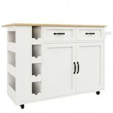 Kitchen Island, Kitchen Cart Equipped With Power Strip, Kitchen Cabinet, Removable Serving Cart With Wine Rack, Buffet Cabinet, Dining Cart With Wood Grain, Buffet Cabinet, White - White - View 4