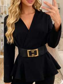 Women's Fashionable Short Black Blazer Jacket, Long Sleeve, Ruffle Hem And Wrap Design, Made Of Slightly Stretchy Polyester Fabric